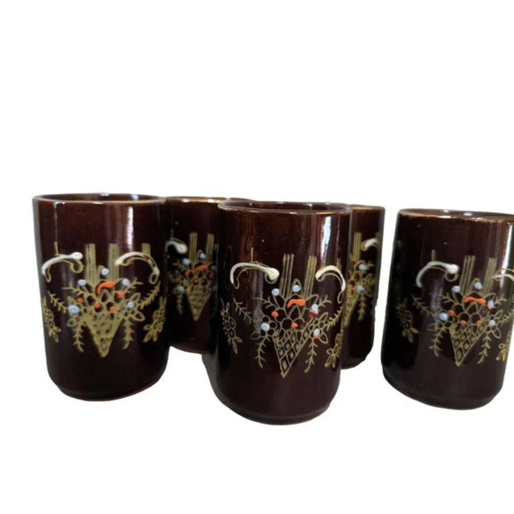 Vintage Made in Japan Brown Ceramic Floral Teapot and 6 Cup Tea Set Gold‎ Trim
